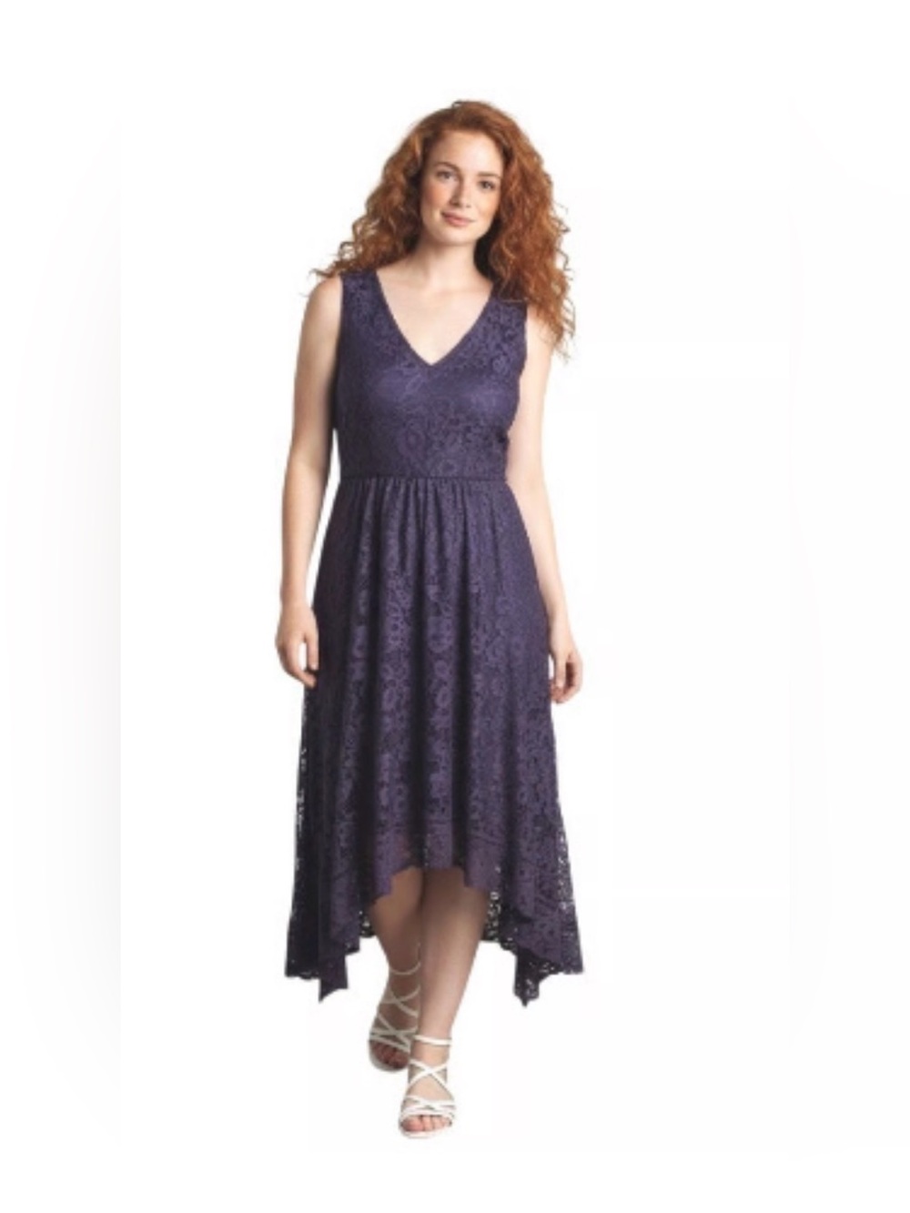 NWT Just… Taylor Navy Blue Lace V-Neck Midi Dress with Handkerchief Hemrt